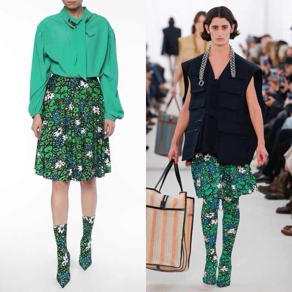 BALENCIAGA Green Hight Waist Floral Print Pleated Knee Length Skirt Size…